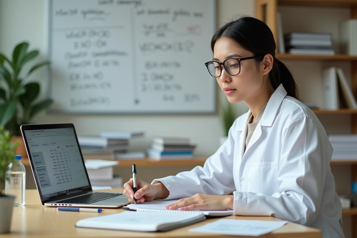 Scientifique effectuant des calculs de conversion de tonnes en kilogrammes dans un bureau moderne