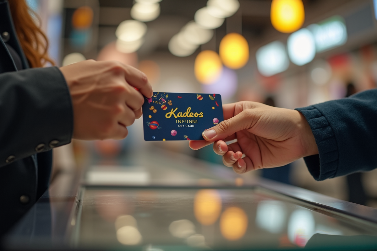 Gros plan sur une main présentant une carte cadeau Kadeos Infini au caissier