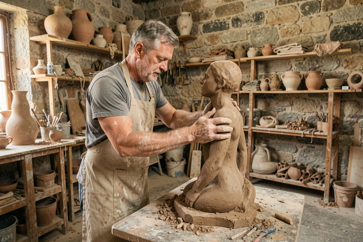 Sculpteur modelant une figure en argile dans son atelier, évoquant le mythe de Prométhée créateur de l'humanité