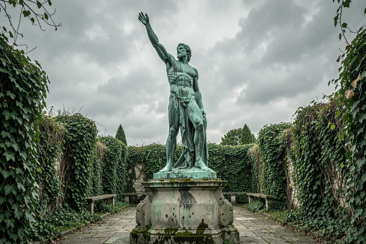 Sculpture en bronze de Prométhée dans un jardin de musée européen, symbole de la fascination pour ce mythe civilisateur