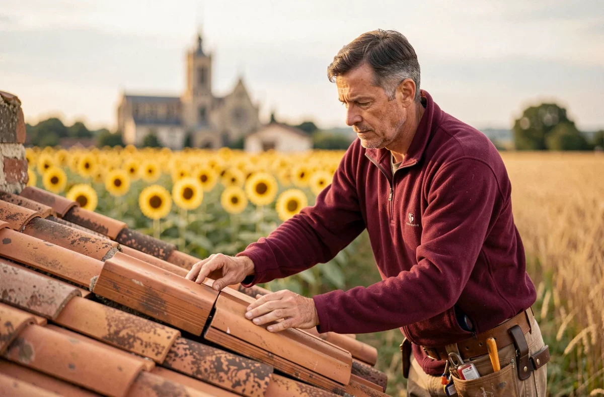 Artisan de Sébastien Moreau Couverture posant des tuiles romaines sur une ferme saintongeaise près de Saintes