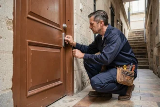 Serrurier professionnel examinant une serrure de sécurité sur une porte résidentielle en Meurthe-et-Moselle