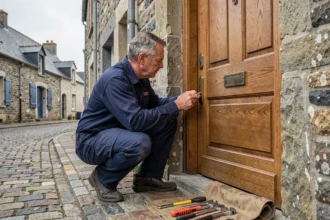 Serrurier professionnel intervenant sur une porte en bois dans une rue pavée des Côtes-d'Armor, avec ses outils disposés au sol
