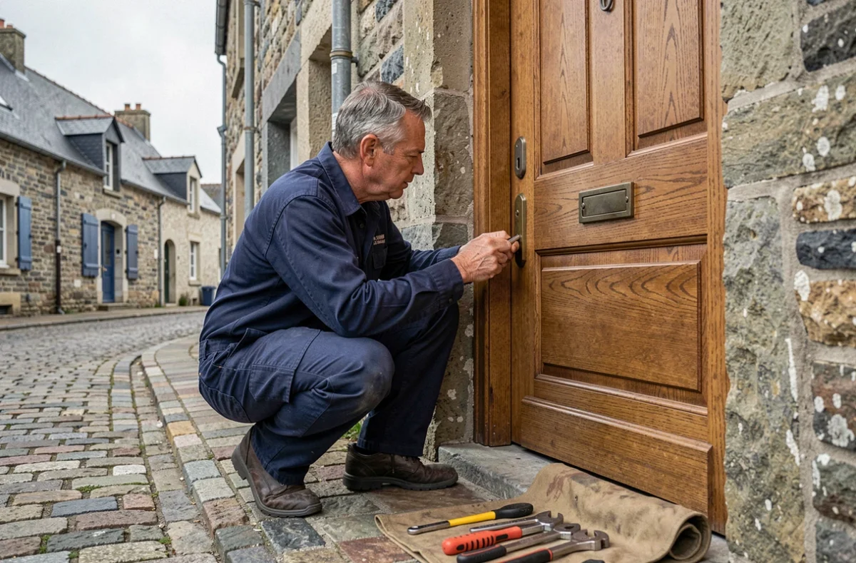 Serrurier professionnel intervenant sur une porte en bois dans une rue pavée des Côtes-d'Armor, avec ses outils disposés au sol