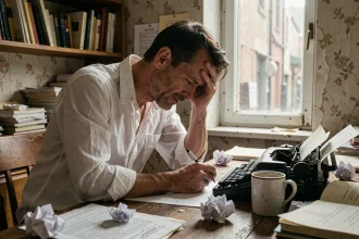 Homme épuisé penché sur un bureau encombré de papiers froissés et d'une vieille machine à écrire, illustrant l'univers sombre et obsessionnel de Speed Fiction de Jerry Stahl