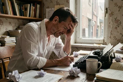 Homme épuisé penché sur un bureau encombré de papiers froissés et d'une vieille machine à écrire, illustrant l'univers sombre et obsessionnel de Speed Fiction de Jerry Stahl