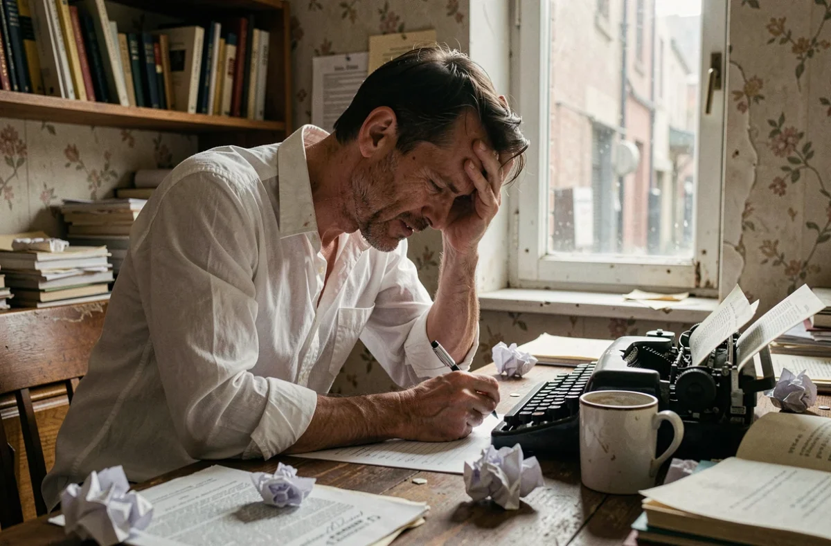 Homme épuisé penché sur un bureau encombré de papiers froissés et d'une vieille machine à écrire, illustrant l'univers sombre et obsessionnel de Speed Fiction de Jerry Stahl