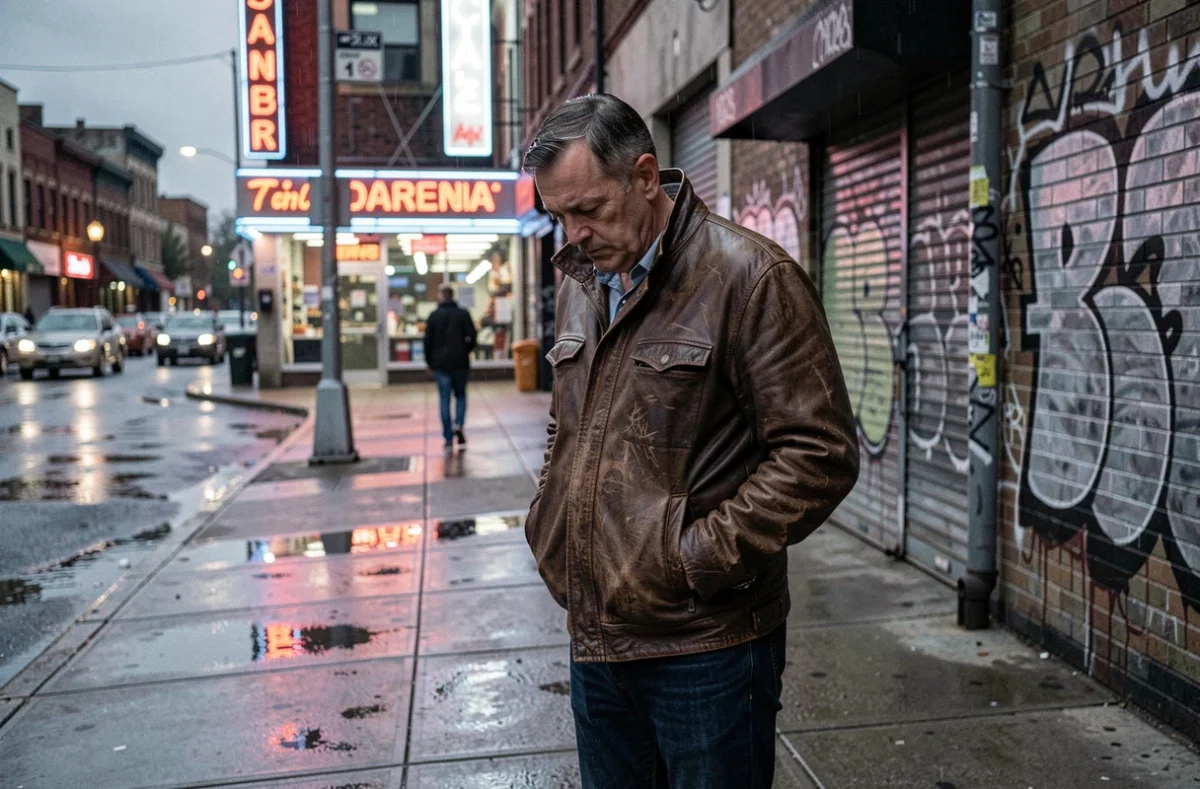 Homme solitaire en veste de cuir sur un trottoir mouillé sous des enseignes au néon, évoquant l'atmosphère sombre et addictive de Speed Fiction de Jerry Stahl