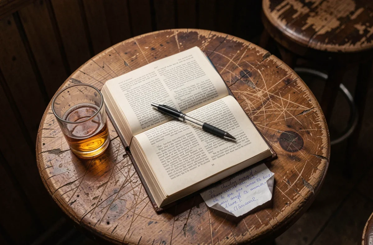 Gros plan d'un roman ouvert, d'un verre de whisky et d'une note manuscrite sur une table en bois rayée, symbolisant l'univers compulsif et sombre de Speed Fiction de Jerry Stahl