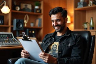 Homme en studio d'enregistrement créatif et détendu