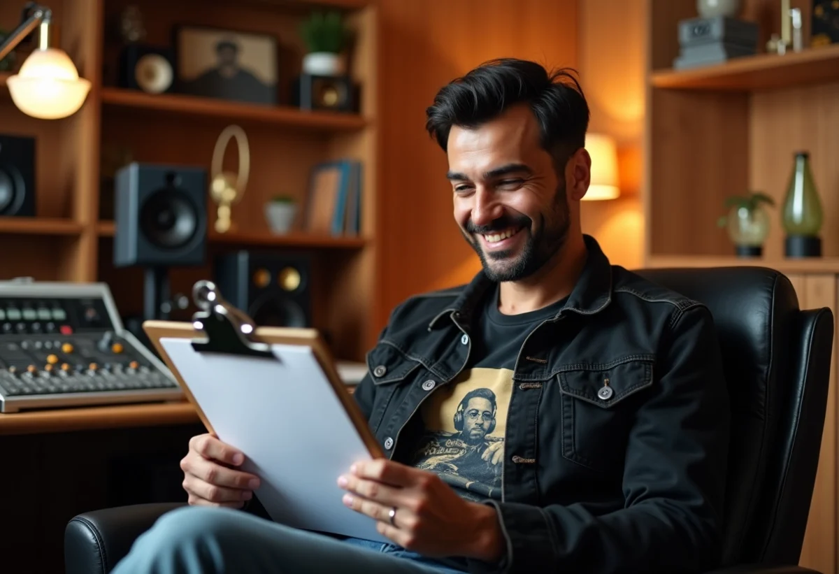 Homme en studio d'enregistrement créatif et détendu