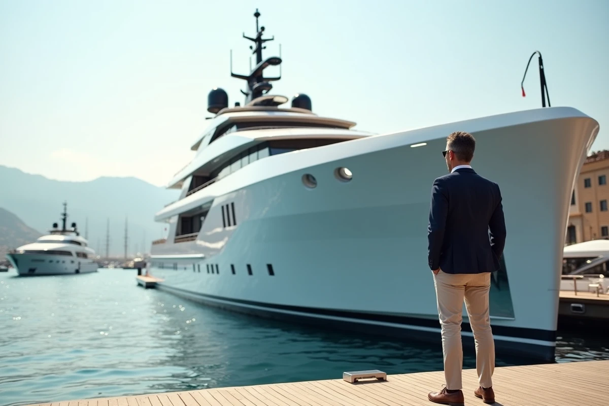 Homme en blazer marine sur le pont d'un superyacht blanc dans un port méditerranéen moderne