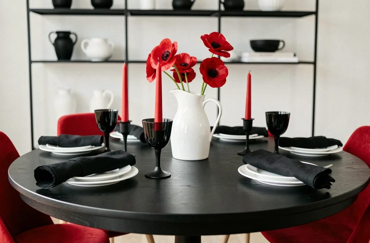 Table de salle à manger stylisée avec une décoration rouge blanc noir minimaliste et élégante