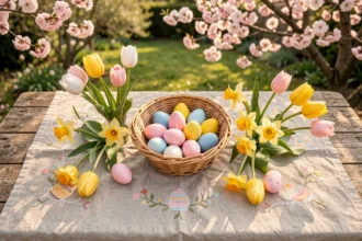 Table de Pâques rustique en plein air avec panier d'œufs colorés et fleurs de printemps dans un jardin fleuri