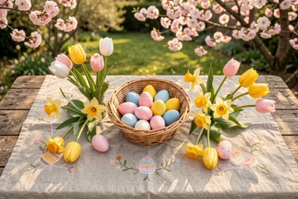 Table de Pâques rustique en plein air avec panier d'œufs colorés et fleurs de printemps dans un jardin fleuri