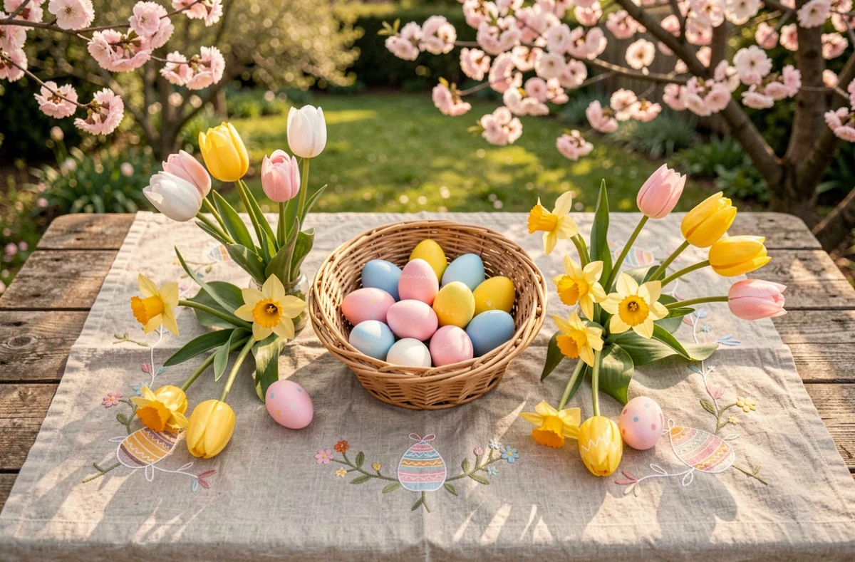 Table de Pâques rustique en plein air avec panier d'œufs colorés et fleurs de printemps dans un jardin fleuri