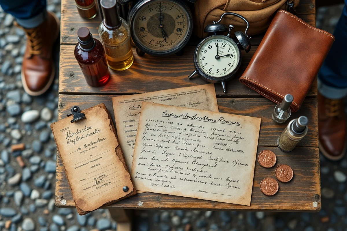 Vue aérienne d'une table de vide-grenier avec objets vintage et cartes postales du Nord-Pas-de-Calais