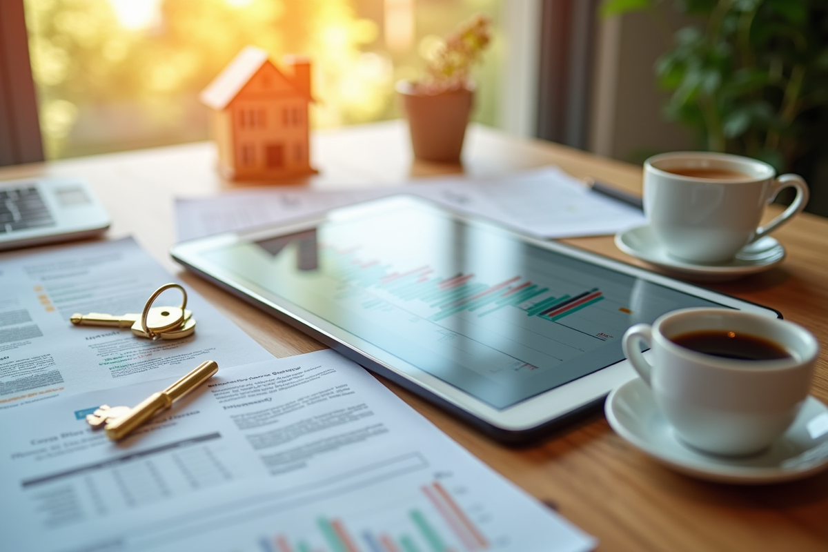 Tablette avec graphique immobilier sur un bureau ensoleille