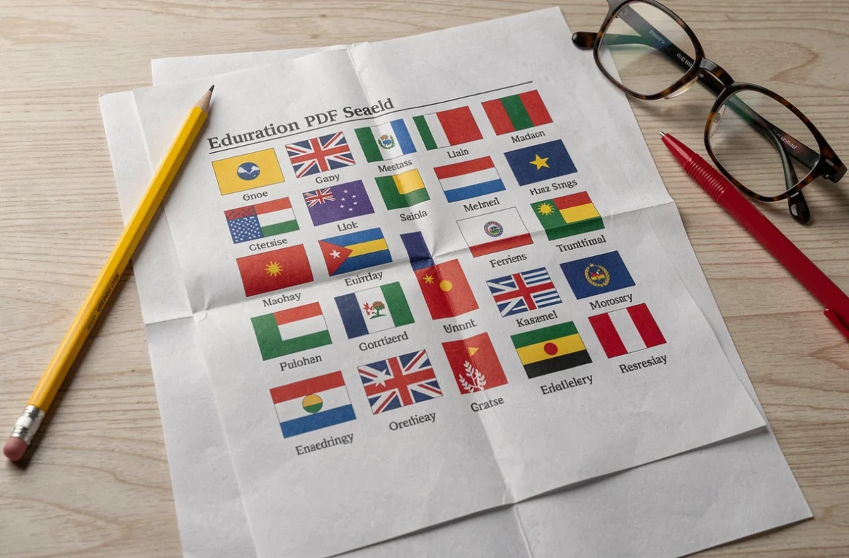 Tableau PDF récapitulatif des noms de drapeaux du monde en anglais avec stylos et lunettes sur bureau