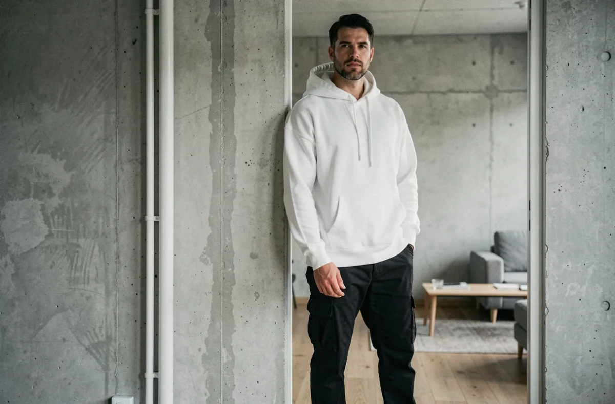 Homme grand et athlétique en hoodie blanc debout près d'un encadrement de porte dans un appartement moderne, comparaison visuelle de la stature