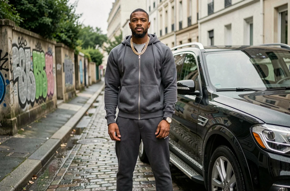 Rappeur français de haute stature en survêtement gris à côté d'un SUV noir dans une rue parisienne, ambiance urbaine authentique