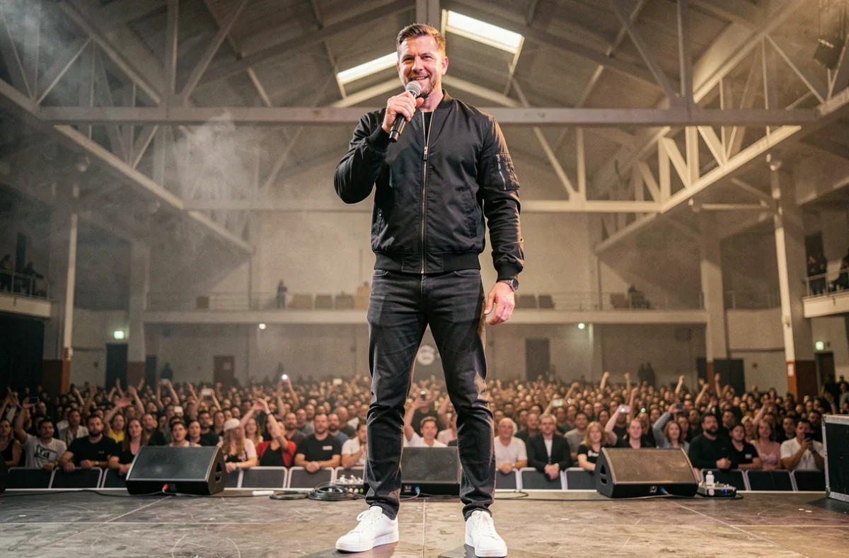 Rappeur français de grande taille sur scène tenant un microphone lors d'un showcase, posture assurée et stature imposante visible en pied