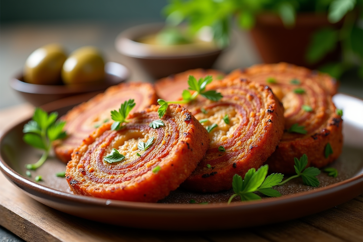 Tranches de gâteau au chorizo sur assiette rustique