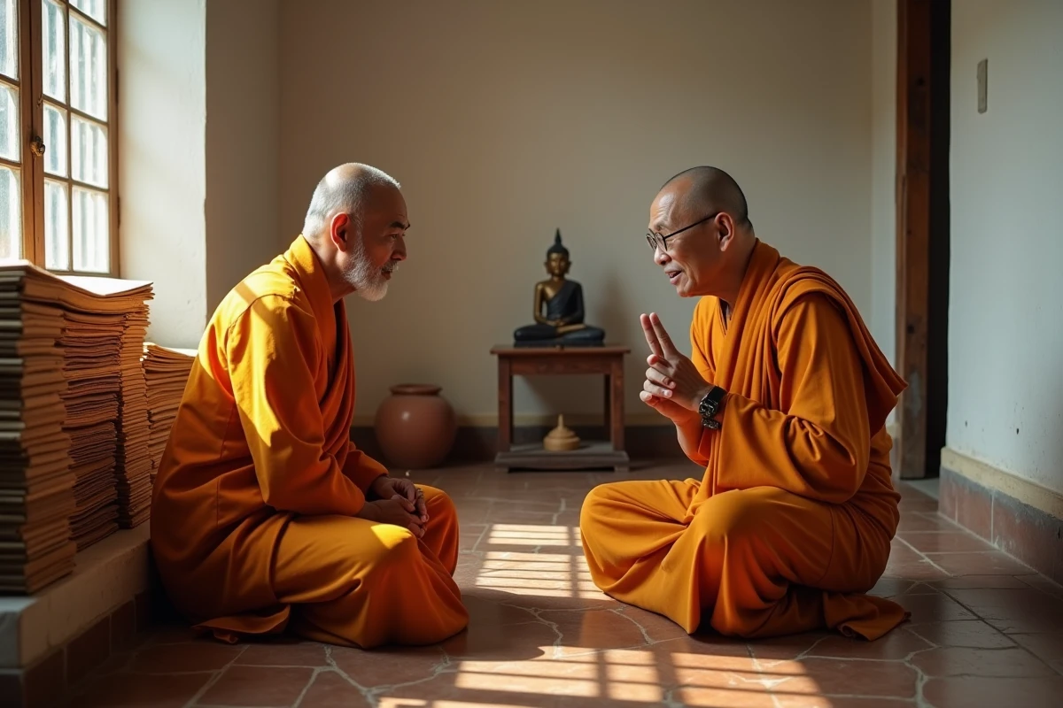Moine bouddhiste âgé transmettant un enseignement à un jeune disciple dans un temple thaïlandais dépouillé, évoquant la transmission spirituelle sans hiérarchie de titre