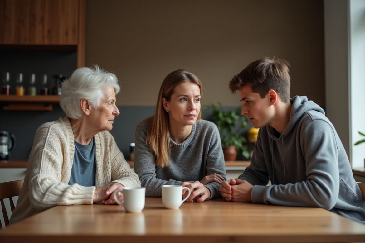 Trois générations de famille discutant dans la cuisine