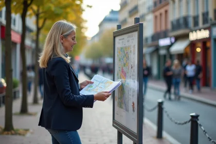 Urbaniste femme pointant un plan urbain sur un panneau