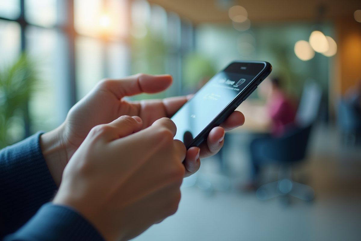 Mains tenant un smartphone avec l application securitas en focus