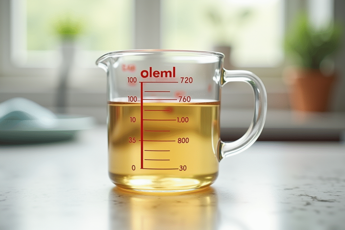 Verre mesureur avec 150 ml de liquide sur plan de cuisine