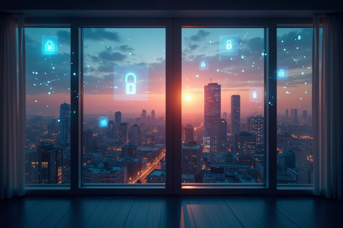 Paysage urbain au crépuscule avec flux de données et cadenas virtuels
