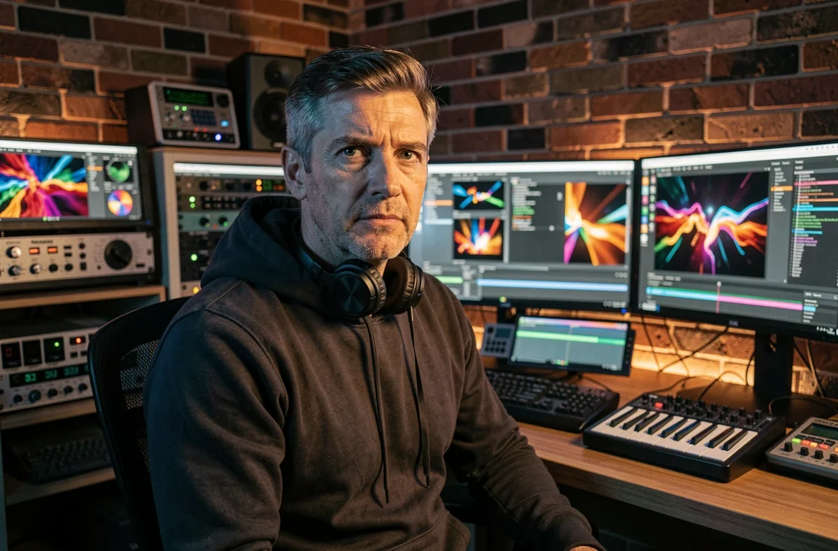 Visual jockey professionnel travaillant sur son set visuel dans un studio avec plusieurs écrans affichant des animations graphiques