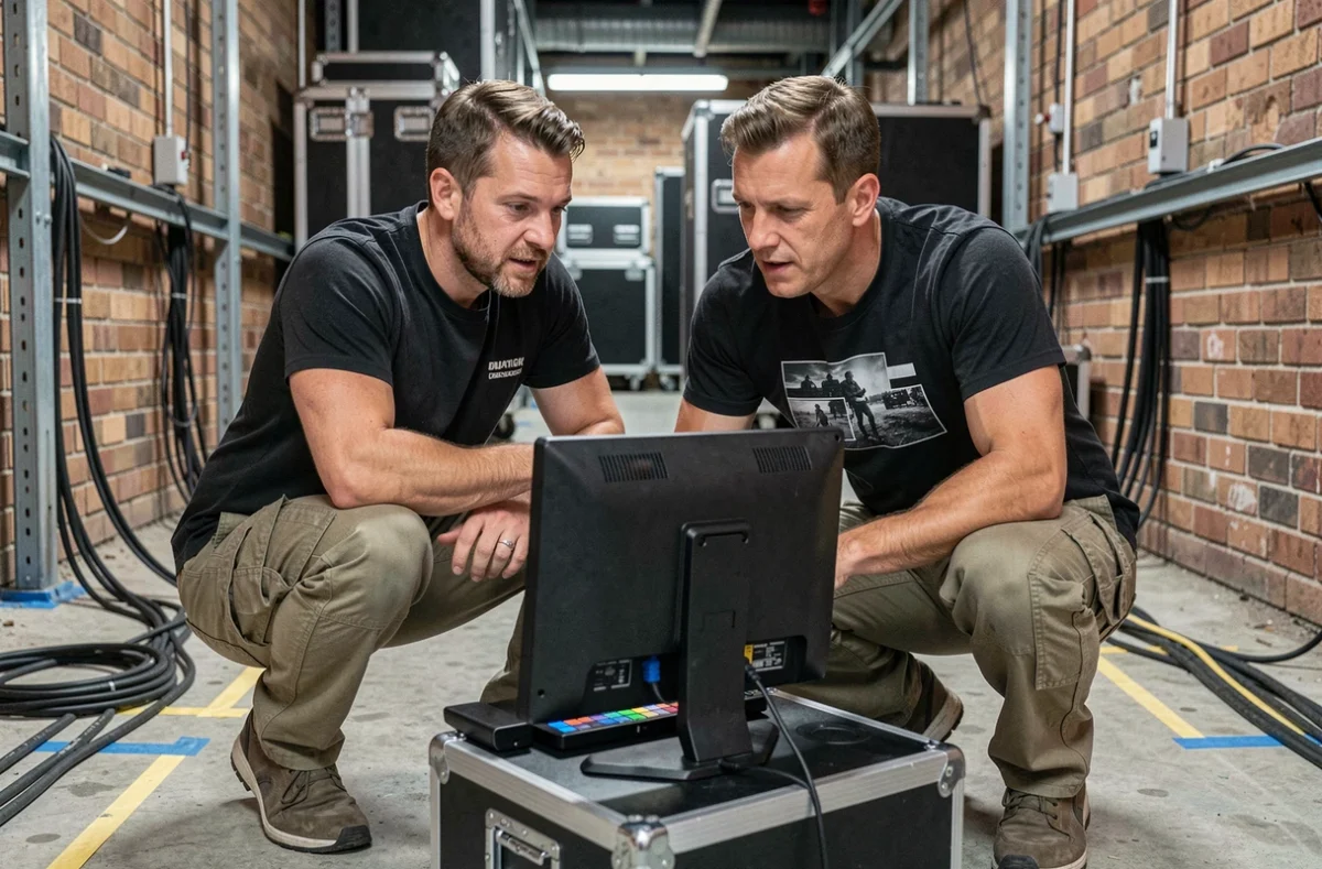 Deux professionnels du vjing collaborant en backstage d'un festival pour finaliser leur set visuel sur un moniteur de référence