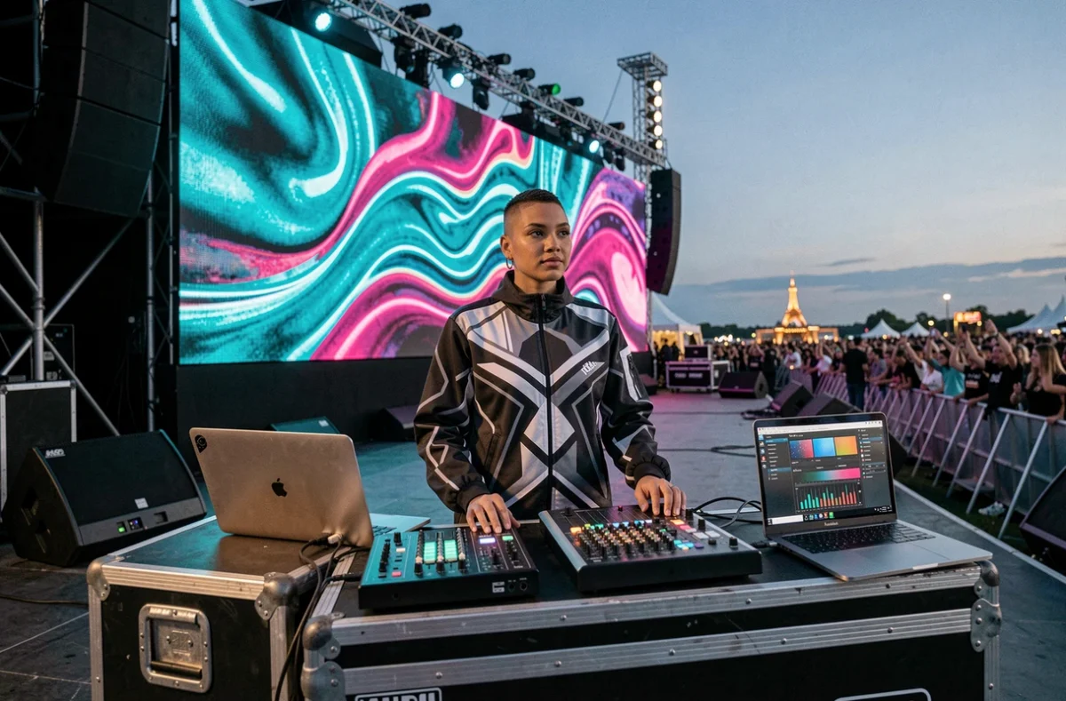 VJ féminine gérant son installation lors d'un grand festival en plein air avec un mur LED et une foule en arrière-plan